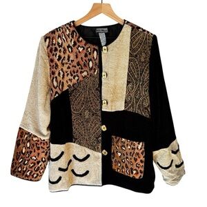 Indigo Moon Colorblock Abstract Animal Print Button Up Women’s Jacket Size L